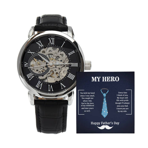 Image of Dad My Hero I Know You Are By My Side Happy Father's Day Men's Openwork Watch With Mahogany Box