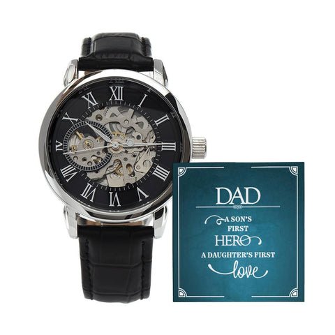 Image of Dad A Son's First Hero A Daughter's First Love Men's Openwork Watch With Mahogany Box