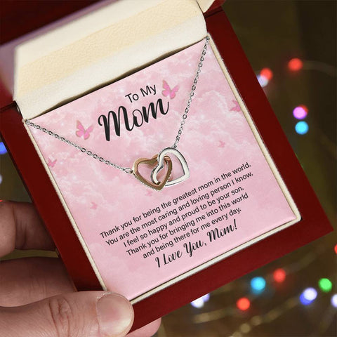 Image of To My Mom Thank You For The Greatest Mom Interlocking Hearts Necklace