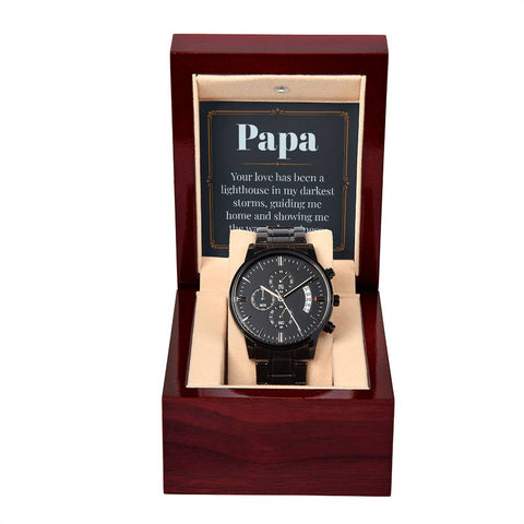 Image of Papa Your Love Has Been A Lighthouse In My Darkest Storms Guiding Me Home Black Chronograph Watch With Mahogany Box