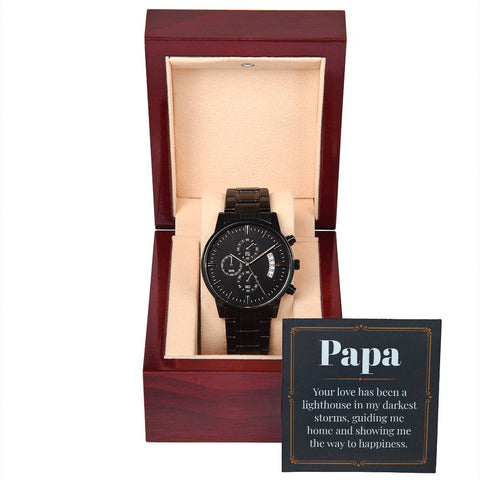 Image of Papa Your Love Has Been A Lighthouse In My Darkest Storms Guiding Me Home Black Chronograph Watch With Mahogany Box