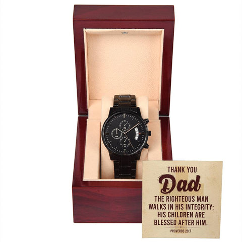 Image of Thank You Dad The Righteous Man Walks In His Integrity Black Chronograph Watch With Mahogany Box