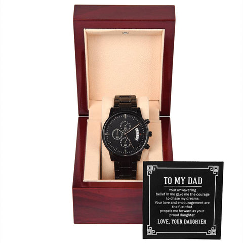 Image of To My Dad Your Unwavering Belief In Me Gave Me The Courage To Chase My Dreams Black Chronograph Watch With Mahogany Box