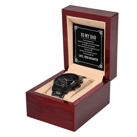 Image of To My Dad Your Unwavering Belief In Me Gave Me The Courage To Chase My Dreams Black Chronograph Watch With Mahogany Box