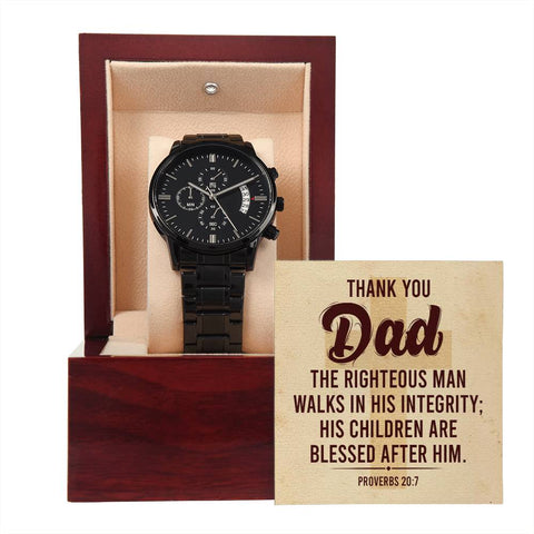 Image of Thank You Dad The Righteous Man Walks In His Integrity Black Chronograph Watch With Mahogany Box