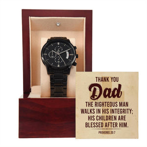 Thank You Dad The Righteous Man Walks In His Integrity Black Chronograph Watch With Mahogany Box
