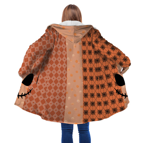 Image of Personalized Hooded Cloak Coat, Happy Halloween Pattern Orange Pumpkin Face Hooded Cloak Coats