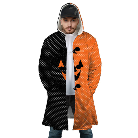 Image of Personalized Hooded Cloak Coat, Halloween Black and Orange Polka Dots Hooded Cloak Coats