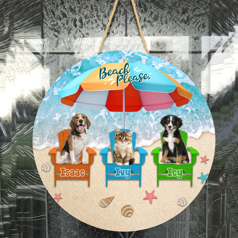 Image of Personalized Pet Photo Door Hanger, "Beach Please" Dog Cat Summer Round Wooden Sign