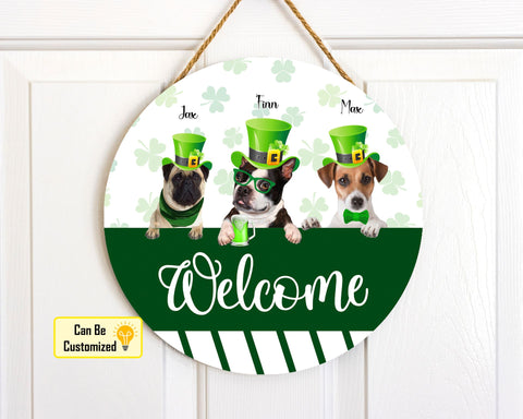 Image of Personalized Pet Photo Door Hanger, "Welcome" St. Patrick's Day Dog Cat Round Wooden Sign