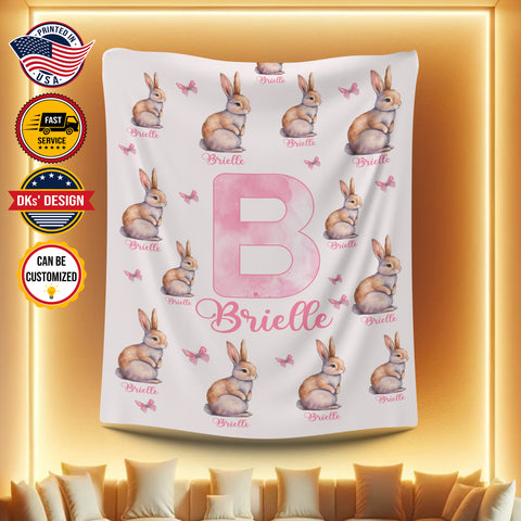Image of Personalized Baby Blanket, Custom Bunny Butterfly Baby Blanket, Rabbit Baby Blanket, Baby Girl Rabbit Blanket, Baby Shower Gift