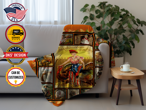 Image of Personalized Thanksgiving Blanket, Custom Thanksgiving Greeting Vintage Blanket, Thankful Turkey Blanket, Thanksgiving Gift