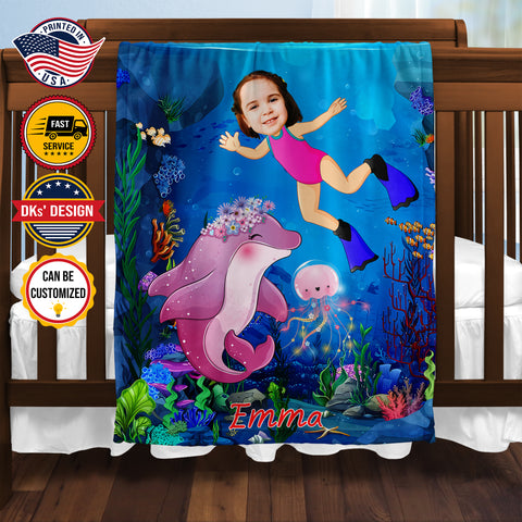 Image of Personalized Baby Blanket, Custom Dolphin Baby Blanket, Girl Blanket Gift, Dolphin Baby Shower Gift, Dolphin Blanket, Baby Shower Gift