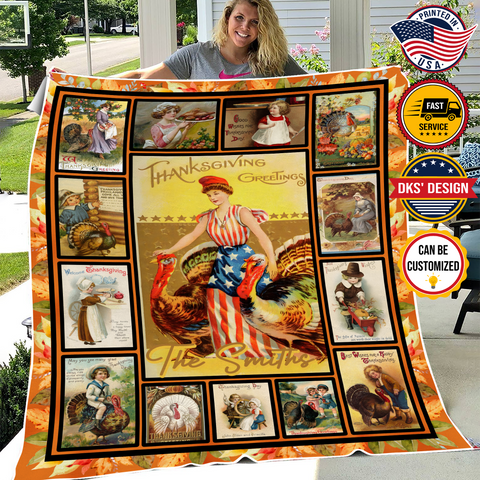 Image of Personalized Thanksgiving Blanket, Custom Thanksgiving Greeting Vintage Blanket, Thankful Turkey Blanket, Thanksgiving Gift