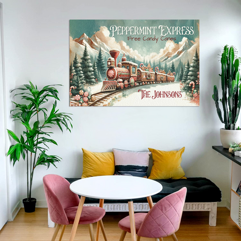 Image of Personalized Christmas Canvas, Custom Peppermint Express Train Canvas, Christmas Train Canvas, Christmas Family, Christmas Gifts