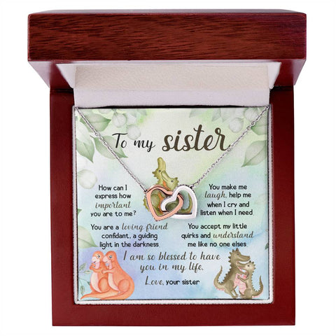 Image of To My Sister Dinosaur Interlocking Hearts Necklace With Message Card Gift for Sister