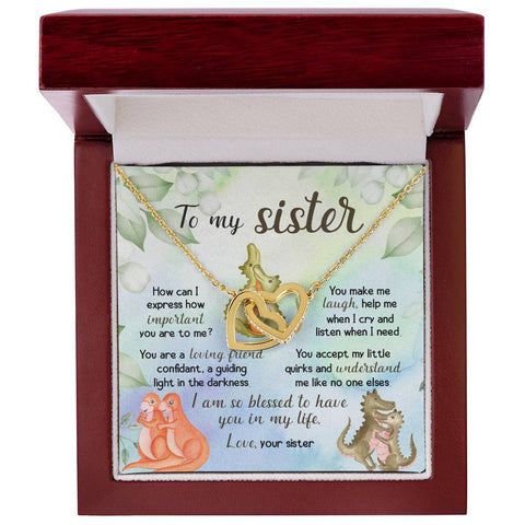 Image of To My Sister Dinosaur Interlocking Hearts Necklace With Message Card Gift for Sister