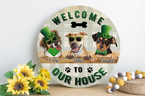 Image of Personalized Pet Photo Door Hanger, "Welcome To Our Home" St. Patrick's Day Dog Cat Round Wooden Sign