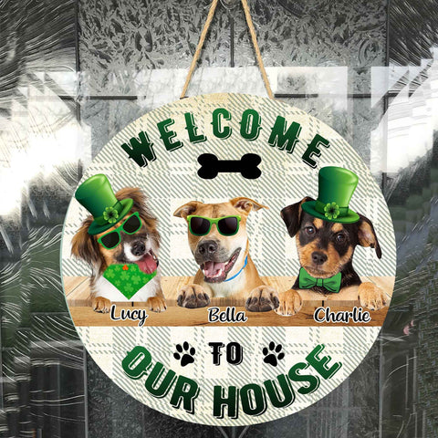 Image of Personalized Pet Photo Door Hanger, "Welcome To Our Home" St. Patrick's Day Dog Cat Round Wooden Sign