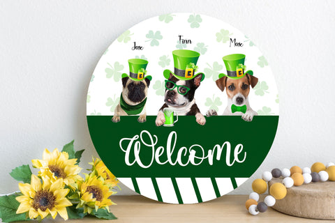 Image of Personalized Pet Photo Door Hanger, "Welcome" St. Patrick's Day Dog Cat Round Wooden Sign