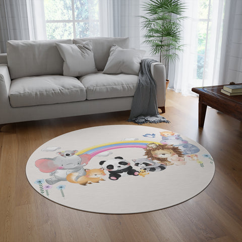Image of Round Rug 60''x60'' - - Animal Friend Rug, Elephant Rug, Lion Rug, Panda Rug, Nursery Rug, Kids Room Rug, Playroom Rug, Classroom Rug!