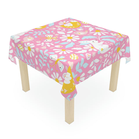 Image of Easter Pink Bunny Flower Square Tablecloth 55.1''x55.1''-Polyester-Table Cover for Dining Table, Easter Dinner Party, Holiday Party Table Decor