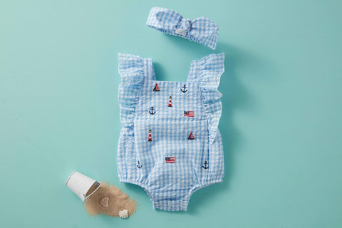 Image of Mud Pie Baby Girls Nautical Schiffli Seersucker Gingham Bubble Romper