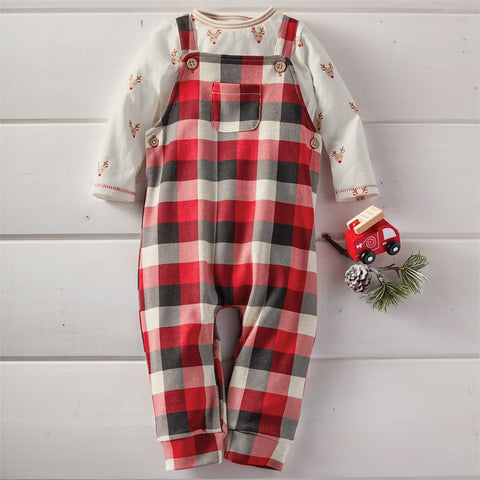 Image of Mud Pie Christmas Holiday Reindeer Buffalo Check Overall Set