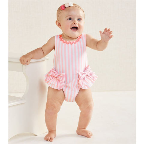 Image of Mud Pie Baby Girl Striped Pink Bow Swimsuit Size 3 Months to 5T