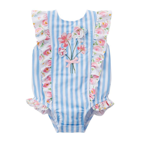 Image of Mud Pie Baby Girl Striped Rosebud Swimsuit Size 3 Months to 5T