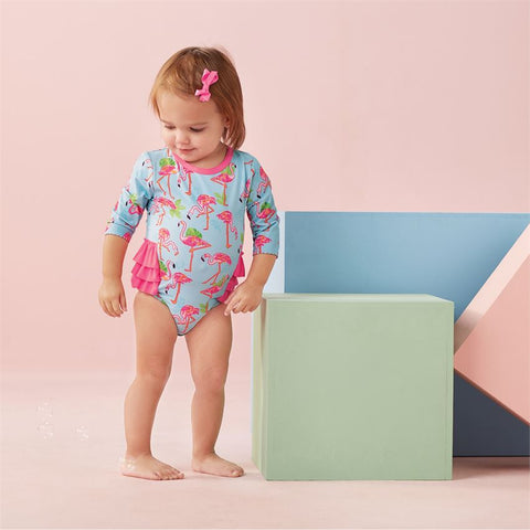 Image of Mud Pie Baby Girl Flamingo One-Piece Rash Guard Size 3 Months to 18 Months