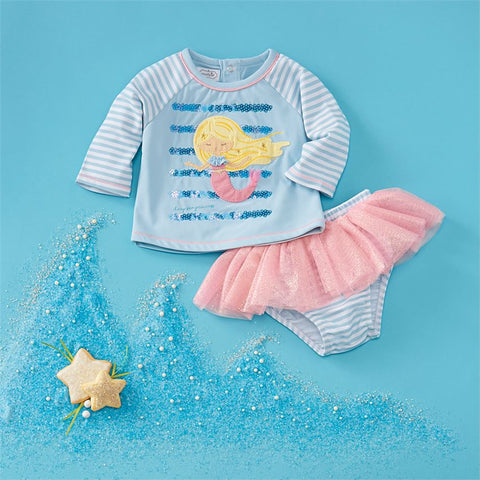 Image of Mud Pie Baby Girl Mermaid Rash Guard Swimsuit Set