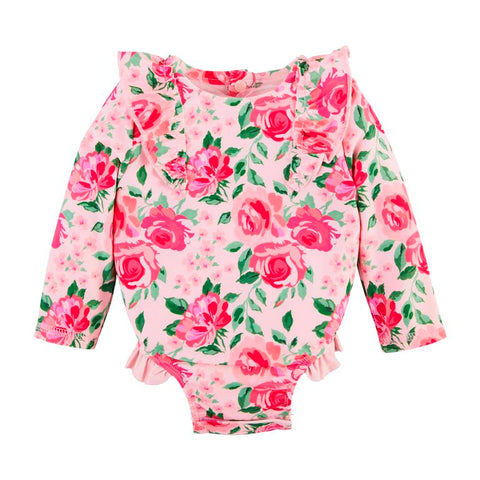 Image of Mud Pie Baby Girls' Rose Ruffle Rash Guard /Swimsuit