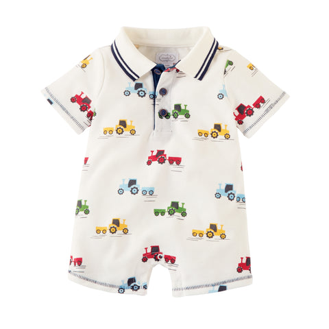 Image of Mud Pie Baby Boy Tractor Collar Shortall Size 3 Months to 18 Months