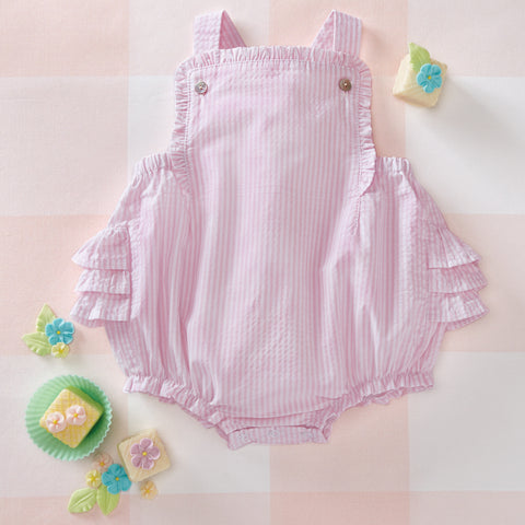 Image of Mud Pie Baby Girl Pink Seersucker Sunsuit Size 3 Months to 18 Months