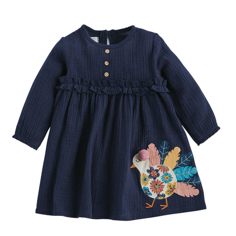 Image of Mud Pie Little Girls Thanksgiving Turkey Long Sleeve Dress