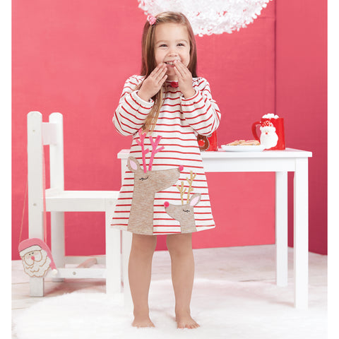 Image of Mud Pie Girls Christmas Holiday Red Striped Reindeer Applique Dress