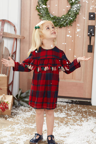 Image of Mud Pie Girls Christmas Holiday Tartan Tassel Dress