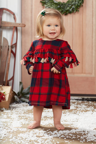 Image of Mud Pie Girls Christmas Holiday Tartan Tassel Dress