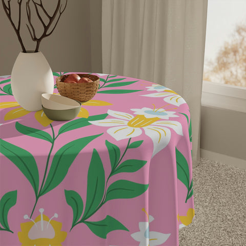 Image of Easter Pink Flower Square Tablecloth 55.1''x55.1''-Polyester--Table Cover for Dining Table, Easter Dinner Party, Holiday Party Table Decor