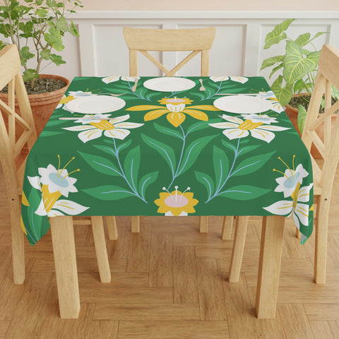 Image of Easter Green Flower Square Tablecloth 55.1''x55.1''-Polyester-Table Cover for Dining Table, Easter Dinner Party, Holiday Party Table Decor