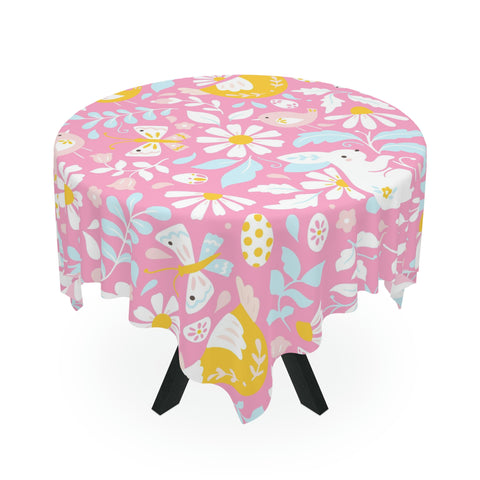 Image of Easter Pink Bunny Flower Square Tablecloth 55.1''x55.1''-Polyester-Table Cover for Dining Table, Easter Dinner Party, Holiday Party Table Decor