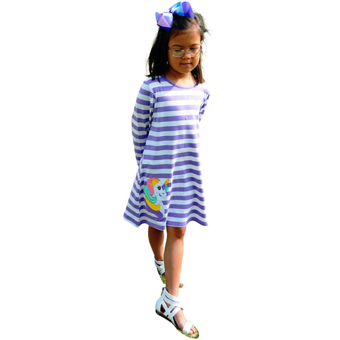 Image of Dana Kids Girls Back to School Unicorn Applique Purple Stripe Knit Dress 2T -10 Years