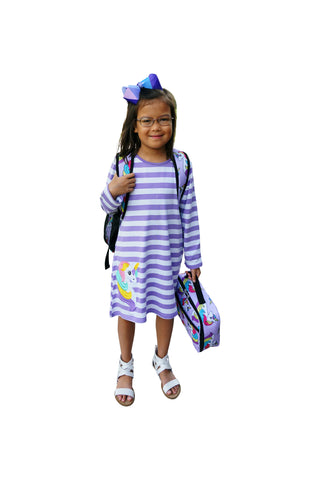 Image of Dana Kids Girls Back to School Unicorn Applique Purple Stripe Knit Dress 2T -10 Years