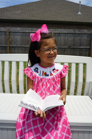 Image of Dana Kids Girls Back to School Apple, Book,Owl, Scissors Hand Smocked Pink Fancy Quatrefoil Dress 3T-10Y