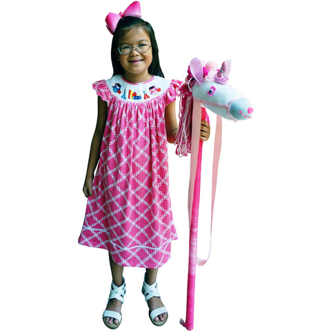 Image of Dana Kids Girls Back to School Apple, Book,Owl, Scissors Hand Smocked Pink Fancy Quatrefoil Dress 3T-10Y