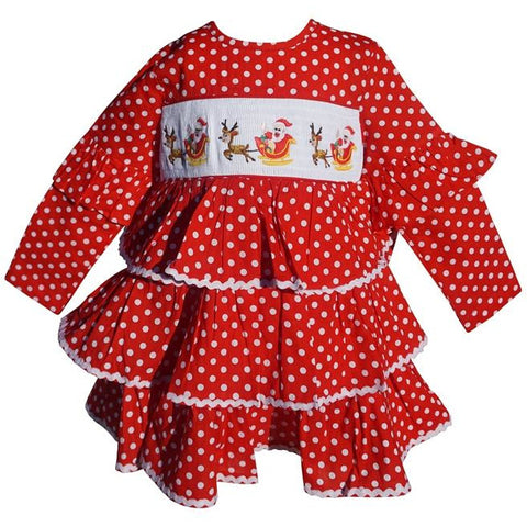Image of Dana Kids Christmas Holiday Red Dot Santa Sled Smocked Girl Dress 2T-10 Years