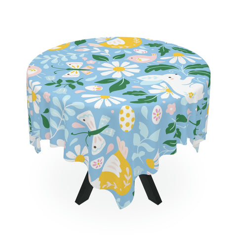 Image of Easter Blue Bunny Flower Square Tablecloth 55.1''x55.1''-Polyester-Table Cover for Dining Table, Easter Dinner Party, Holiday Party Table Decor