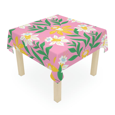 Image of Easter Pink Flower Square Tablecloth 55.1''x55.1''-Polyester--Table Cover for Dining Table, Easter Dinner Party, Holiday Party Table Decor