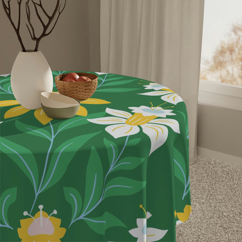 Image of Easter Green Flower Square Tablecloth 55.1''x55.1''-Polyester-Table Cover for Dining Table, Easter Dinner Party, Holiday Party Table Decor